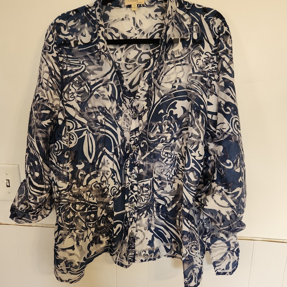 Women's Plus Size 3X Blue White Burnout Floral Sheer Blouse Button Linen Blend